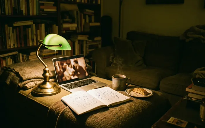 Večernja scena učenja: laptop sa italijanskim filmom, otvorena sveska sa beleškama, šolja čaja i mala lampa u toplom krugu svetla.