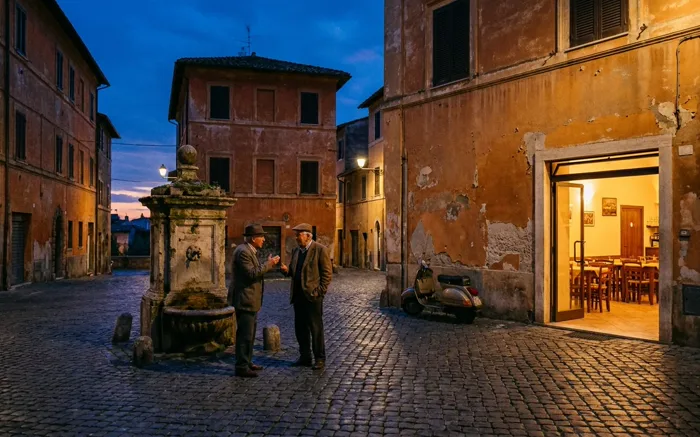 Mala italijanska piazza pred noć, dva čoveka razgovaraju kraj stare kamene fontane, Vespa naslonjena na zid, topla svetlost iz trattorije.
