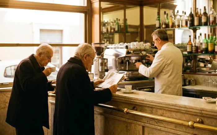 Dvojica stalnih gostiju za mermernim šankom klasičnog rimskog bara piju espresso iz malih porcelanskih šoljica, barista u beloj jakni radi iza hromirane kafe mašine.