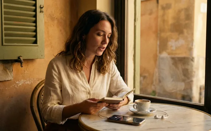 Mlada žena u italijanskom kafiću naglas čita iz male sveske, telefon pored nje snima audio belešku, popodnevno svetlo.