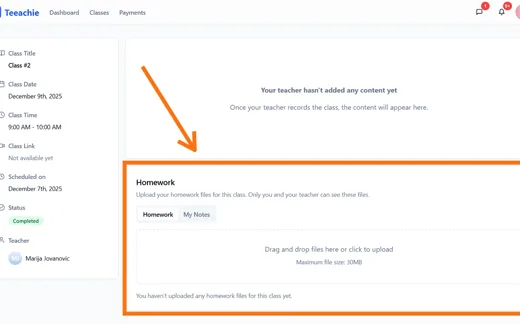 Teeachie sekcija za domaći zadatak sa drag and drop poljem za upload