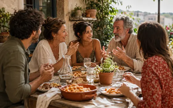 Porodica razgovara tokom zajedničkog ručka u Italiji