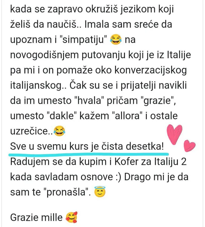 Poruka polaznice koja se raduje nastavku na Koferu za Italiju 2