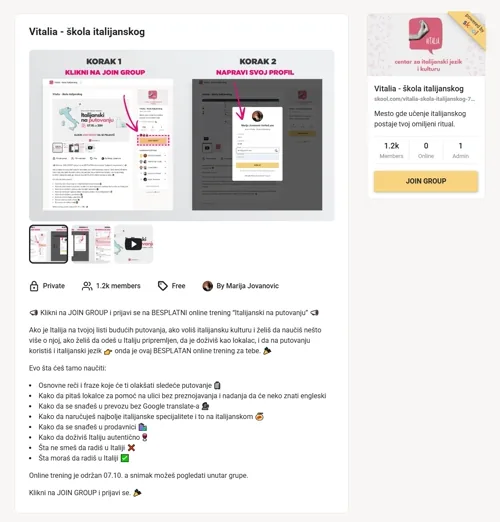 Skool About stranica grupe Vitalia sa istaknutim Join Group dugmetom